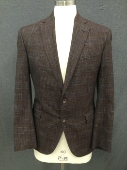Mens, Sportcoat/Blazer, SAKS FIFTH AVE, Red Burgundy, Lt Blue, Brown, Black, Wool, Viscose, Tweed, 42R, Single Breasted, Collar Attached, Notched Lapel, 3 Pockets