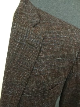 Mens, Sportcoat/Blazer, SAKS FIFTH AVE, Red Burgundy, Lt Blue, Brown, Black, Wool, Viscose, Tweed, 42R, Single Breasted, Collar Attached, Notched Lapel, 3 Pockets