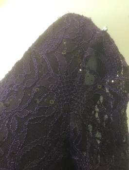 Womens, Evening Gown, RALPH LAUREN, Dk Purple, Polyester, Sequins, Solid, Sz.6, Sheer Lace with Sequins Scattered Throughout, Sheer Long Sleeves, Surplice V-neck, Empire Waist, Ruching at Side Waist, Floor Length, Slit at Side Hem