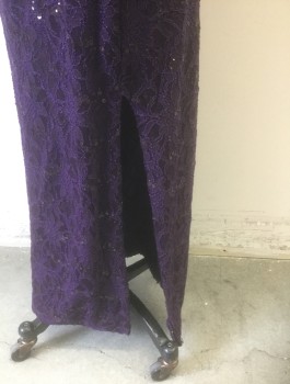 Womens, Evening Gown, RALPH LAUREN, Dk Purple, Polyester, Sequins, Solid, Sz.6, Sheer Lace with Sequins Scattered Throughout, Sheer Long Sleeves, Surplice V-neck, Empire Waist, Ruching at Side Waist, Floor Length, Slit at Side Hem