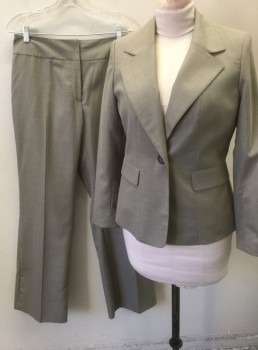Womens, Suit, Jacket, KASPER, Taupe, Brown, Polyester, Rayon, 2 Color Weave, 12, Single Breasted, Wide Notched Lapel, 1 Black Button, 2 Flap Pockets, Shoulder Pads, Black Lining