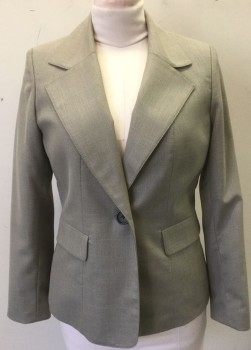 Womens, Suit, Jacket, KASPER, Taupe, Brown, Polyester, Rayon, 2 Color Weave, 12, Single Breasted, Wide Notched Lapel, 1 Black Button, 2 Flap Pockets, Shoulder Pads, Black Lining