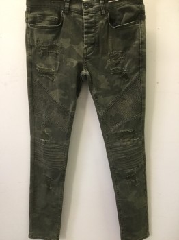 Mens, Casual Pants, ZARA MAN, Olive Green, Black, Cotton, Lycra, Camouflage, 31/30, 5 Pocket, Army Camo Distressed, Sewn Pleat Knees, Ribbed Stitching
