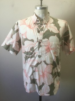 IRON AND RESIN, Olive Green, White, Peach Orange, Cotton, Floral, Hawaiian Print, Polo Style 3 Button Placket, Short Sleeves, Collar Attached, 1 Patch Pocket, Button Down Collar
