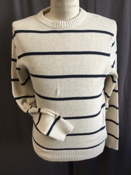 Mens, Pullover Sweater, J.CREW, Oatmeal Brown, Black, Cotton, Wool, Stripes - Horizontal , S, L/S, CN, Multiple