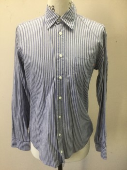 HUGO BOSS, French Blue, Gray, White, Cotton, Stripes - Vertical , French Blue with White and Gray Vertical Stripes, Long Sleeve Button Front, Collar Attached, 1 Patch Pocket,  **Has a Double