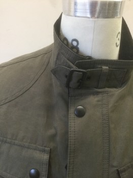 Mens, Casual Jacket, BANANA REPUBLIC, Dk Olive Grn, Cotton, Nylon, Solid, S, Brownish Olive, Zip and Snap Front, Black Corduroy Lining on Stand Collar, Waterproof Material, 4 Pockets, Gray/Black Plaid Half Lining