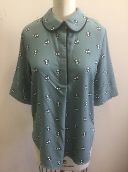 ANN TAYLOR, Slate Blue, Black, White, Polyester, Floral, Crepe, Peter Pan Collar, Short Sleeves, 4 Button Covered Placket at Neck, Black Trim on Collar and Button Placket