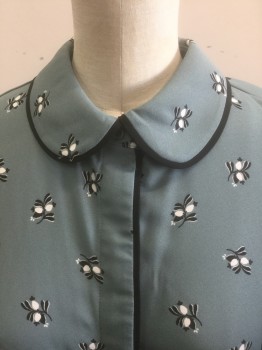 ANN TAYLOR, Slate Blue, Black, White, Polyester, Floral, Crepe, Peter Pan Collar, Short Sleeves, 4 Button Covered Placket at Neck, Black Trim on Collar and Button Placket