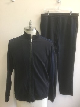 Mens, Sweatsuit Jacket, VELVET, Black, Navy Blue, Cotton, Solid, XL, Jersey, 2 Navy Stripes at Shoulder/Outer Sleeves, Zip Front, Stand Collar,