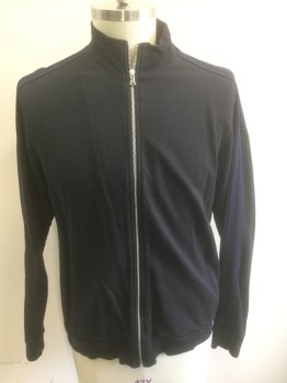 Mens, Sweatsuit Jacket, VELVET, Black, Navy Blue, Cotton, Solid, XL, Jersey, 2 Navy Stripes at Shoulder/Outer Sleeves, Zip Front, Stand Collar,