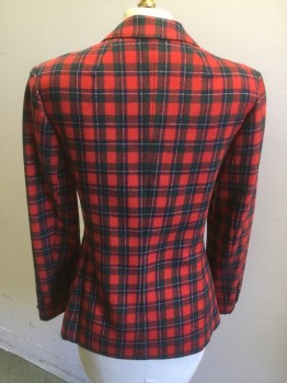 Womens, Blazer, PENDLETON, Red, Dk Green, Navy Blue, White, Wool, Plaid, 6, 3 Buttons,  Notched Lapel, 3 Pockets, FC003590