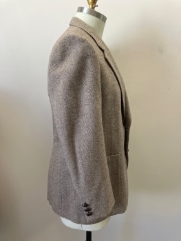 NO LABEL, Cream, Brown, Wool, Herringbone, SB.  Notched Lapel, Collar Attached, 2 Buttons,  3 Pockets,