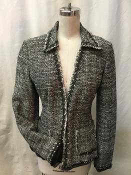 Womens, Blazer, ANN TAYLOR, Black, White, Cotton, Rayon, Mottled, 0, Black & White Tweed Weave, Single Larke Hook & Eye Closure Center Front, 2 Patch Pockets with Self Fringe Trim. Collar Attached, Self Fringe and Black Chiffon Trim at  Collar, Center Front, Hemline and Cuffs. Black Chiffon Lining