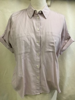 Womens, Blouse, MADEWELL, Pink, Cotton, Solid, L, Pink, Collar Attached, Button Front, Short Sleeves with Cuff, 2 Pockets