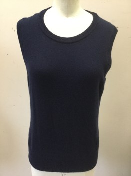 Womens, Shell, BROOKS BROTHERS, Navy Blue, Wool, Solid, S, Knit, Sleeveless, Scoop Neck, Pullover