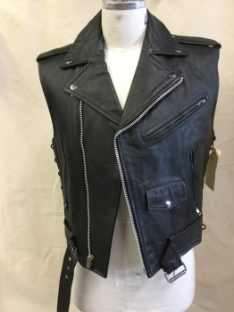 Mens, Leather Vest, JAMIN LEATHER, Black, Leather, Polyester, Solid, S, Black with BlacK Lining, Motorcycle Style, Collar Attached & Epaulettes with Silver Snaps, Off Side Zip Front, 3 Pockets with Zipper & 1 Pocket with Flap, Belt with Silver Buckle Front Only, Black Side Lacing