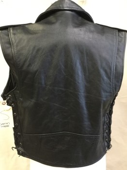 Mens, Leather Vest, JAMIN LEATHER, Black, Leather, Polyester, Solid, S, Black with BlacK Lining, Motorcycle Style, Collar Attached & Epaulettes with Silver Snaps, Off Side Zip Front, 3 Pockets with Zipper & 1 Pocket with Flap, Belt with Silver Buckle Front Only, Black Side Lacing