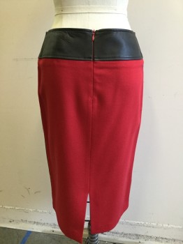 Womens, Skirt, Below Knee, DOLCE & GABBANA, Red, Black, Wool, Leather, Color Blocking, 28, Multiple, Red Wool with Black Leather Waist Band & Side Stripes, Back Zipper, Back Slit