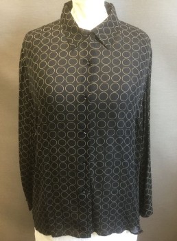 I.N.C., Black, Tan Brown, Silk, Geometric, Black with Tan Circles Outline Pattern, Chiffon, Long Sleeve Button Front, Collar Attached
