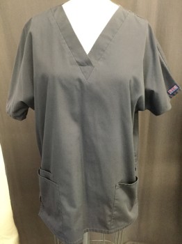 CHEROKEE WORKWEAR, Dk Gray, Cotton, Polyester, Solid, V-neck, Short Sleeves, Patch Pockets