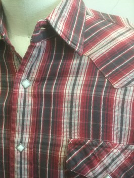 Mens, Western, LUCKY BRAND, Maroon Red, Ecru, Charcoal Gray, Cotton, Plaid, XL, Flannel, Long Sleeves, Snap Front with Cream and Silver Diamond Shaped Snaps, Collar Attached, 2 Patch Pockets with Flap Closures, Western Style Flaps and Yoke