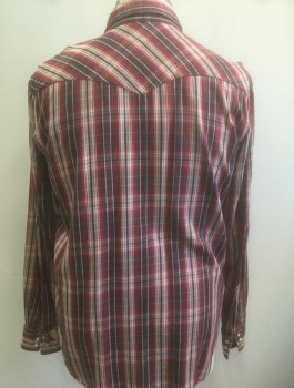 LUCKY BRAND, Maroon Red, Ecru, Charcoal Gray, Cotton, Plaid, Flannel, Long Sleeves, Snap Front with Cream and Silver Diamond Shaped Snaps, Collar Attached, 2 Patch Pockets with Flap Closures, Western Style Flaps and Yoke
