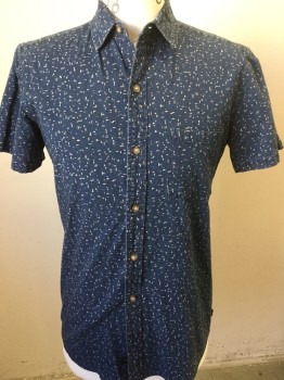 GLOBE, Navy Blue, Khaki Brown, Cotton, Speckled, Collar Attached, Button Front, Short Sleeves, Patch Pocket,  Navy with Khaki  Confetti Like Pattern