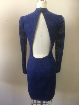 Womens, Cocktail Dress, BEBE, Blue, Nylon, Spandex, Floral, Solid, XXS, Lace, Long Sleeves, Mock Turtle Neck, V Cut Center Front, Open Back, Skirt Front Ruched at Center Seam. Dusty Blue Scallop Lace at Hem, Seams 'Hairy' From Spandex