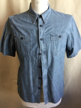 RALPH LAUREN, Blue, Cotton, Solid, Blue Chambray, Collar Attached, Black Button Front, 2 Pockets, Short Sleeves,