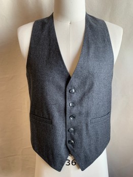 Mens, Suit, Vest, SAKS FIFTH AVENUE, Heather Gray, Wool, 36R, 5 Button Vest, 2 Welt Pockets, Solid Graphite Satin Back