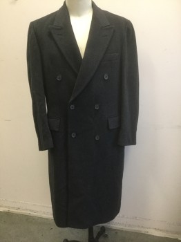 Mens, Coat, Overcoat, ACADEMY AWARD CLOTHE, Dk Gray, Wool, Solid, 46, Double Breasted, Peaked Lapel, 3 Pockets, Solid Black Lining