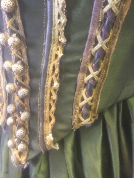 N/L MTO, Olive Green, Ochre Brown-Yellow, Dusty Lavender, Silk, Solid, Taffeta, Sleeveless Boned Bodice Attached to Skirt, Ochre and Lavender Vertical Stripes of Trim, Gold Beads Down Center Front, Skirt is Gathered with Lavender Metallic Ribbon Appliqués, Fantasy Historical Made To Order