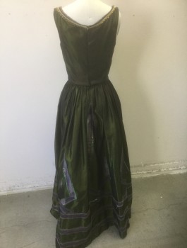 N/L MTO, Olive Green, Ochre Brown-Yellow, Dusty Lavender, Silk, Solid, Taffeta, Sleeveless Boned Bodice Attached to Skirt, Ochre and Lavender Vertical Stripes of Trim, Gold Beads Down Center Front, Skirt is Gathered with Lavender Metallic Ribbon Appliqués, Fantasy Historical Made To Order