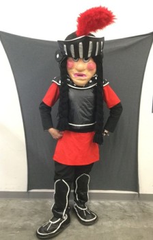 MTO, Black, Red, Beige, KNIGHT:  Paper Mache Face, Rosy Cheeks, Black Polyester Yarn Braided Hair, Black/Silver Knight Headpiece with Attached Red Feather Plume,. Black Plastic Round Collar Velcro Attached with Silver Trim and Silver Button Detail