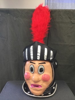 Unisex, Walkabout, MTO, Black, Red, Beige, O/S, KNIGHT:  Paper Mache Face, Rosy Cheeks, Black Polyester Yarn Braided Hair, Black/Silver Knight Headpiece with Attached Red Feather Plume,. Black Plastic Round Collar Velcro Attached with Silver Trim and Silver Button Detail