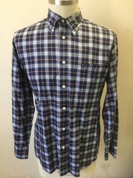 FACONNABLE, Navy Blue, White, Beige, Slate Blue, Cotton, Plaid, Long Sleeve Button Front, Collar Attached, Button Down Collar, 1 Pocket