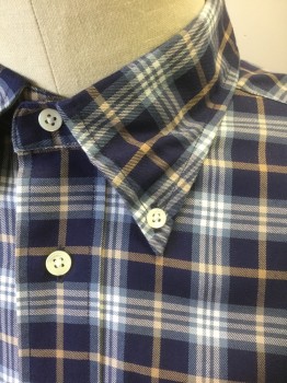 Mens, Casual Shirt, FACONNABLE, Navy Blue, White, Beige, Slate Blue, Cotton, Plaid, L, Long Sleeve Button Front, Collar Attached, Button Down Collar, 1 Pocket