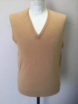 Mens, Sweater Vest, CARROLL AND COMPANY, Beige, Cashmere, Solid, L, Knit, Pullover, V-neck
