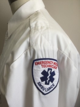 LAW PRO, White, Poly/Cotton, Solid, Long Sleeve Button Front, Collar Attached, 2 Patch Pockets with Button Flap Closures, "Emergency Medical Technician" "Ambulance" White/Navy Shield Patches on Either Sleeve, Epaulets at Shoulders