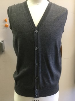 Mens, Sweater Vest, BLACK BROWN, Dk Gray, Wool, Heathered, M, V-neck, Button Front,
