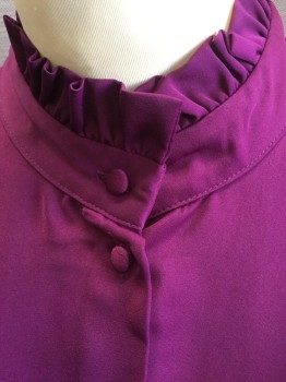 WHO WHAT WEAR, Orchid Purple, Polyester, Solid, Sateen, Long Sleeve Button Front, Band Collar, Ruffled Trim at Neck, Armscye Seams and Cuffs, Self Fabric Covered Buttons