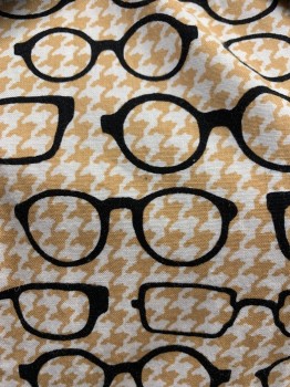 Womens, Dress, Short Sleeve, FERVOUR, Black, Khaki Brown, White, Cotton, Houndstooth, Novelty Pattern, XS, Self Glasses Print, Attached Long Point Collar, Cap Sleeve, Princess Seams Bodice, 2" Waistband, \ Fit and Flare Pleated Skirt, Side Zipper Closure, Center Back 2 Button Keyhole Closure, Above the Knee Length