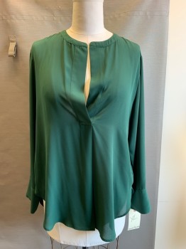 Womens, Top, BANANA REPUBLIC, Dk Green, Polyester, Solid, XL, Split V-neck, Single Pleat Center Front, Long Sleeves, Pullover,