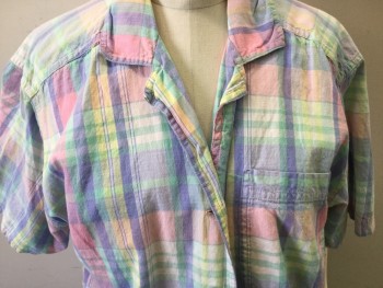 KAREN SCOTT, Pink, Lavender Purple, Green, Yellow, Cream, Cotton, Plaid, Button Front, Collar Attached, Short Sleeves, 1 Pocket,