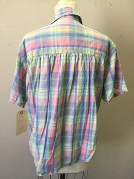 KAREN SCOTT, Pink, Lavender Purple, Green, Yellow, Cream, Cotton, Plaid, Button Front, Collar Attached, Short Sleeves, 1 Pocket,