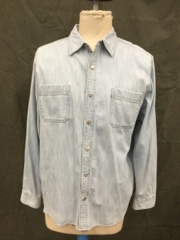 LEVI'S, Lt Blue, Cotton, Solid, Light Blue Denim Shirt, Button Front, Collar Attached, Long Sleeves, Button Cuff, 2 Pockets