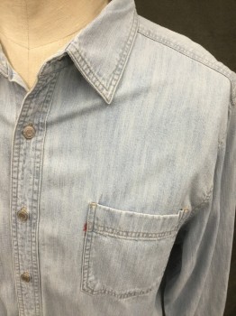 LEVI'S, Lt Blue, Cotton, Solid, Light Blue Denim Shirt, Button Front, Collar Attached, Long Sleeves, Button Cuff, 2 Pockets