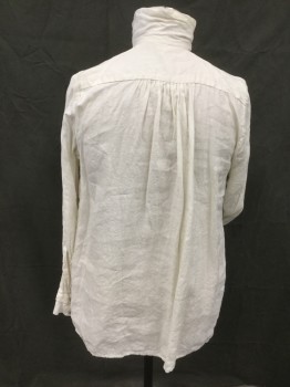 MTO, White, Linen, Solid, 1/4 Button Front Placket, High Buttonned Up Collar, 2 Large Chest Pockets, Pleated at Front Neck, Long Sleeves, Pleated at Button Cuffs, Pleated at Yoke Back