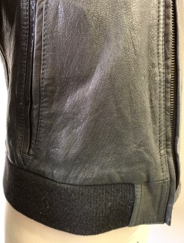 Mens, Leather Jacket, LEVI'S BLUE, Black, Leather, Solid, M, Zip Front, Collar Attached, Epaulettes at Shoulder, Rib Knit Waist and Cuffs, 3 Pockets Including 1 Zip Pocket on Left Sleeve